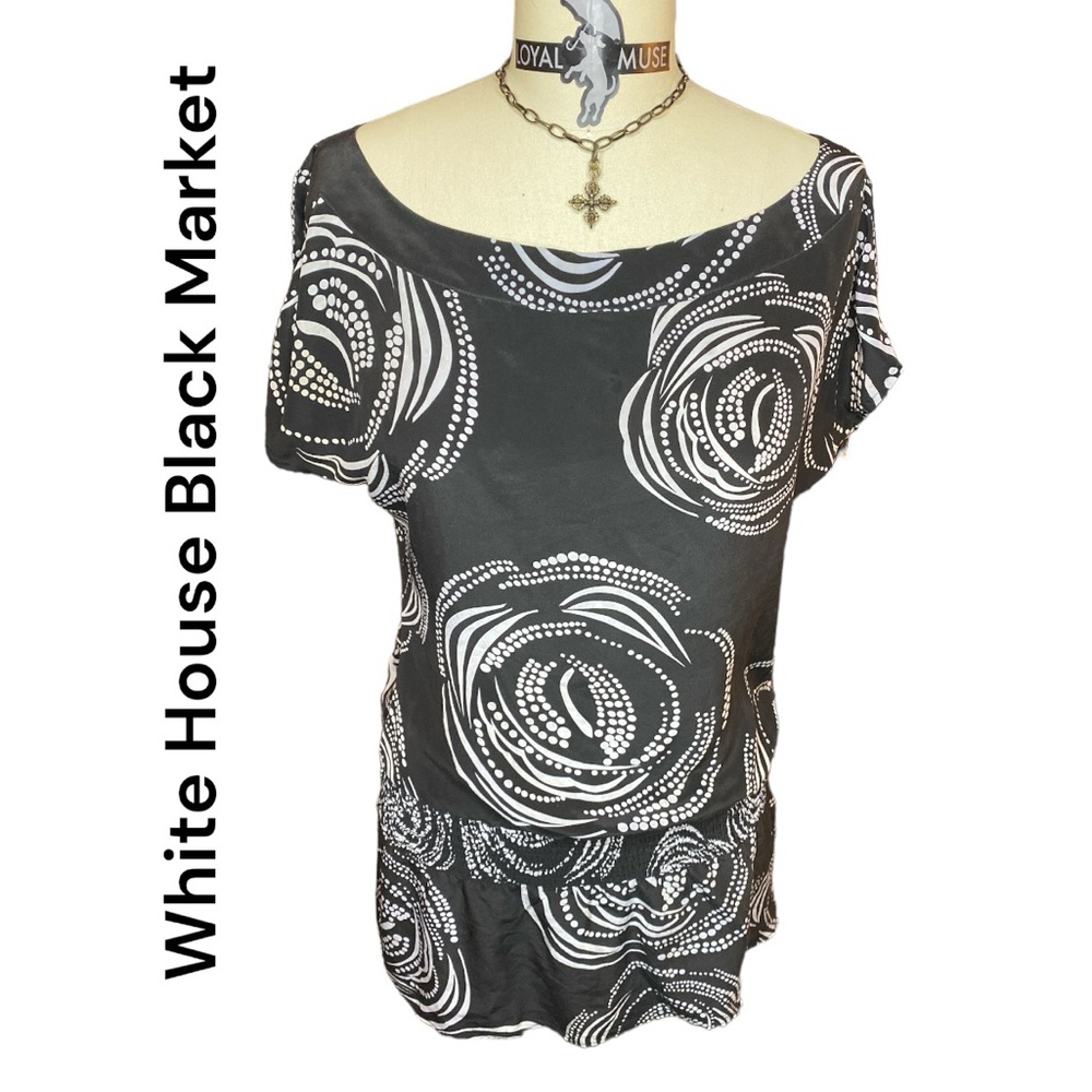 White House Black Market 100% Silk Top Elastic Waist Side Zip Med